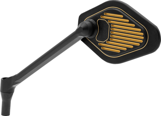 Black and gold adjustable diamond motorcycle mirror with long stem by Drag Specialties, model M03-12L.