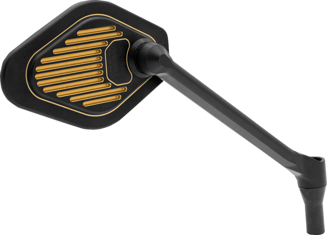 DRAG SPECIALTIES M03-12R adjustable diamond motorcycle mirror with long stem, right side, black and gold finish.