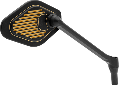 DRAG SPECIALTIES M03-12R adjustable diamond motorcycle mirror with long stem, right side, black and gold finish.