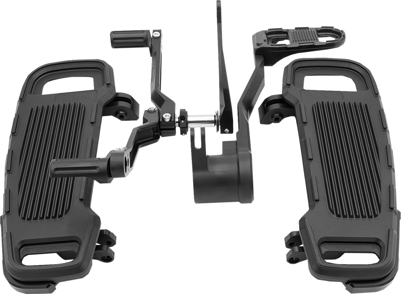 Black adjustable floorboard kit for Harley-Davidson motorcycles by Drag Specialties, featuring mounting hardware and textured surface.