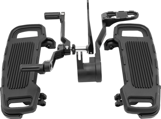 Black adjustable floorboard kit for Harley-Davidson motorcycles by Drag Specialties, featuring mounting hardware and textured surface.
