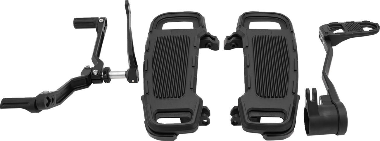 Black adjustable floorboard kit for Harley-Davidson motorcycles by Drag Specialties, featuring sleek design and mounting hardware.