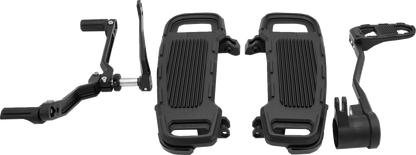 Black adjustable floorboard kit for Harley-Davidson motorcycles by Drag Specialties, featuring sleek design and mounting hardware.