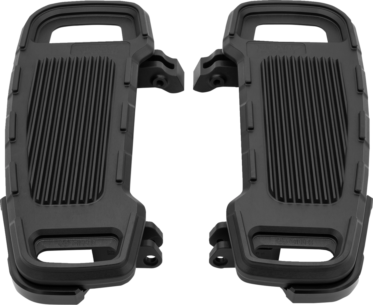 Black DRAG SPECIALTIES adjustable width floorboards with textured surface for motorcycle foot controls.