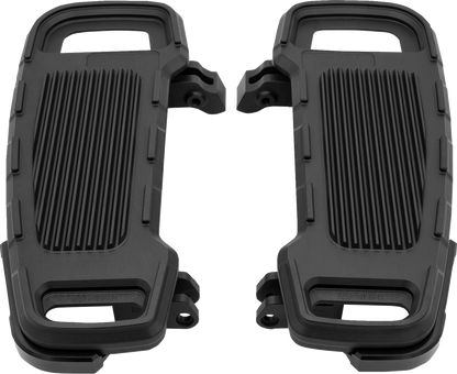 Black DRAG SPECIALTIES adjustable width floorboards with textured surface for motorcycle foot controls.