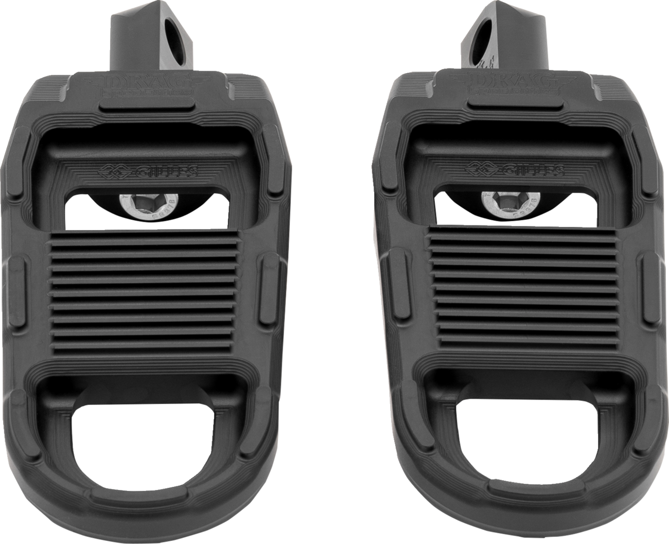 Black DRAG SPECIALTIES adjustable motorcycle foot pegs RGK2-B001 with mounting hardware for enhanced rider comfort.