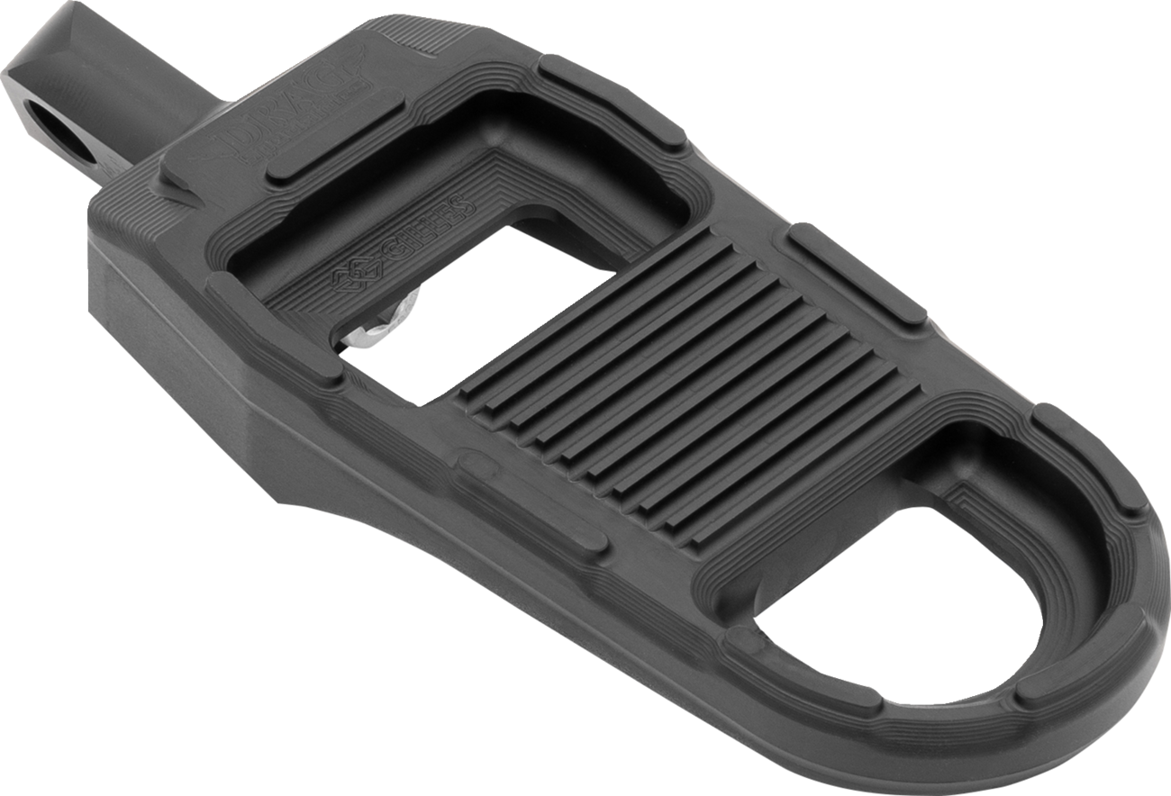 Black DRAG SPECIALTIES adjustable motorcycle foot pegs with mounting hardware, designed for rider comfort and customization.