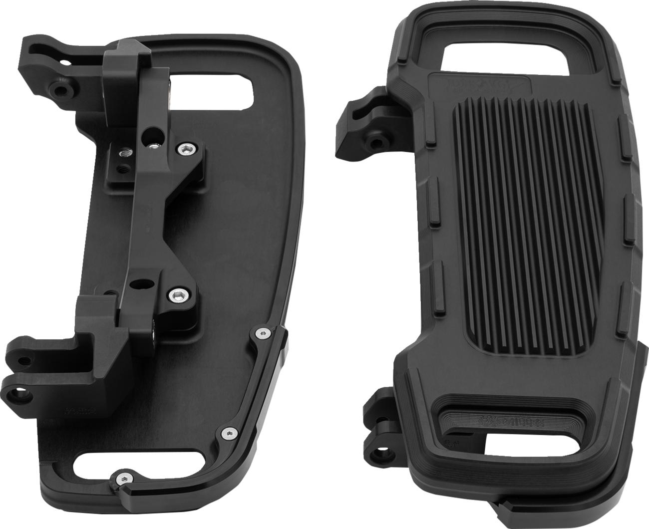 Black adjustable width floorboards for motorcycle from DRAG SPECIALTIES, featuring a sleek design and durable construction.