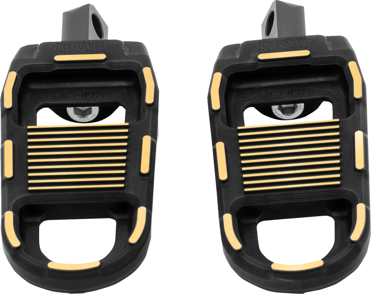 Black and gold DRAG SPECIALTIES adjustable motorcycle foot pegs, featuring a sturdy design for enhanced rider comfort.