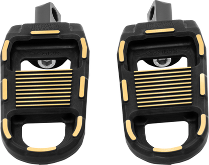 Black and gold DRAG SPECIALTIES adjustable motorcycle foot pegs, featuring a sturdy design for enhanced rider comfort.