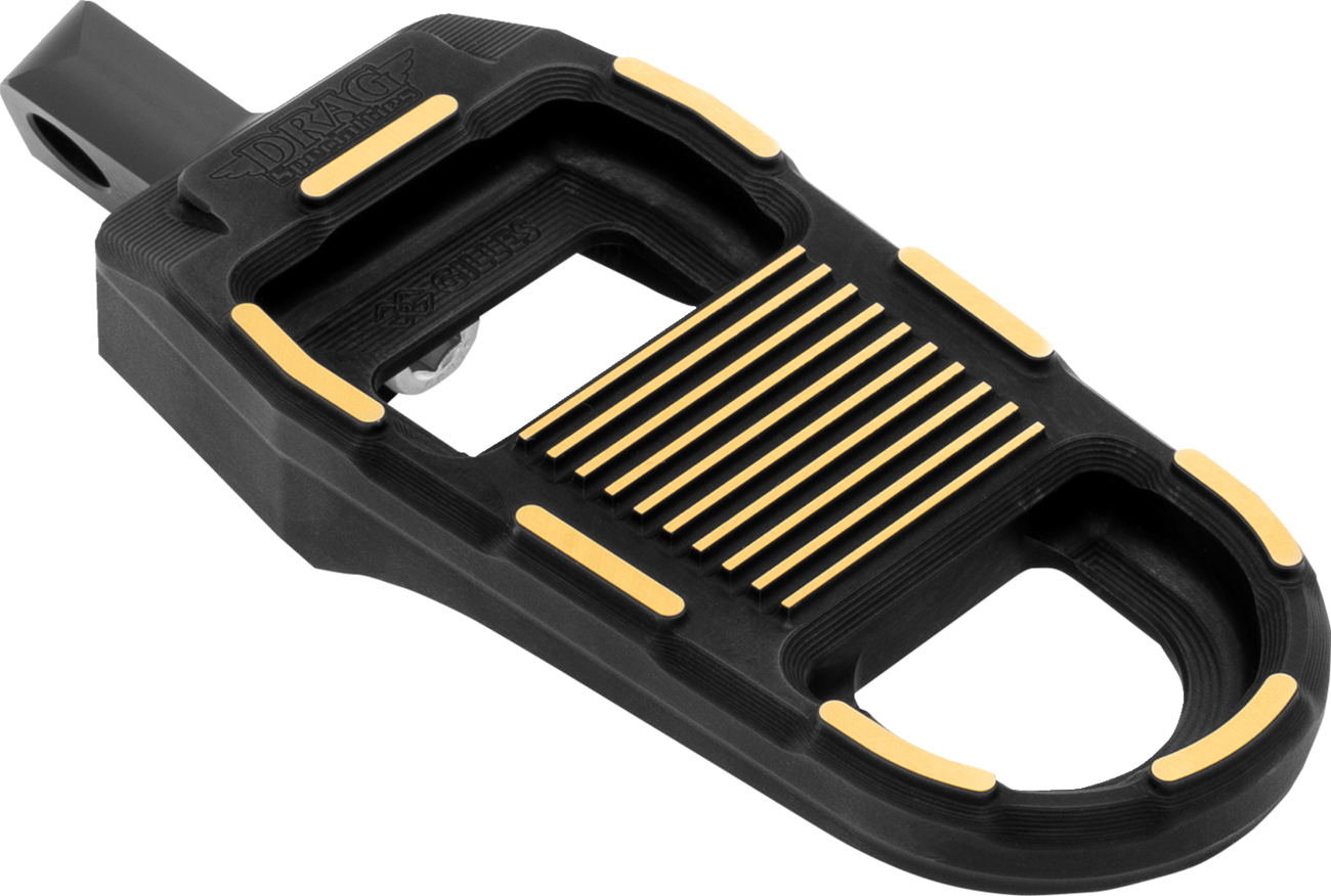 Black and gold DRAG SPECIALTIES adjustable motorcycle foot pegs with textured surface for added grip.