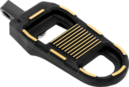 Black and gold DRAG SPECIALTIES adjustable motorcycle foot pegs with textured surface for added grip.