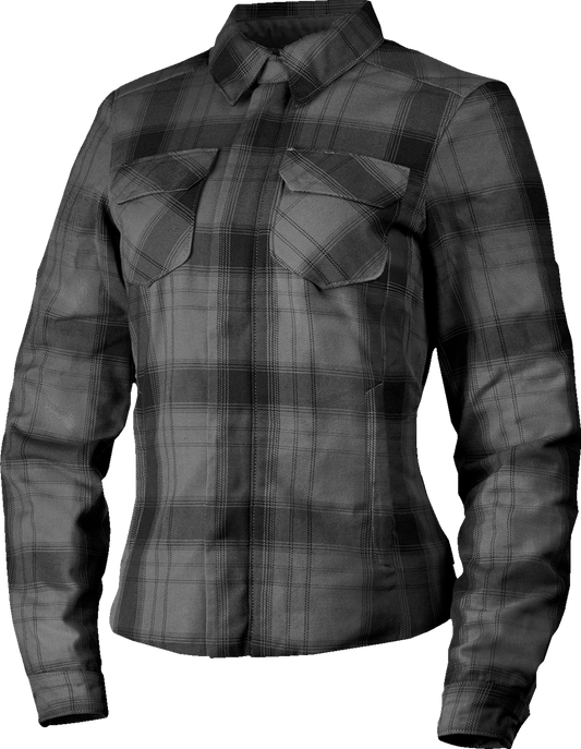 ICON Women's Fallblock Flannel Jacket in black, size large, showcasing a cozy plaid flannel design and classic style.