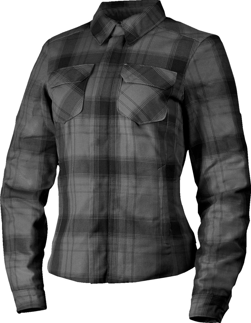 Black ICON Women's Fallblock Flannel™ jacket with D3O Viper back protector and reinforced elbows, size small, displayed on a hanger.