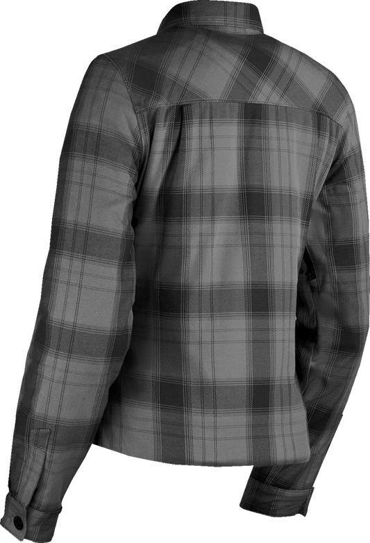 ICON Women's Fallblock Flannel™ jacket in black with D3O Viper back protector and reinforced elbows, small size, stylish and protective.