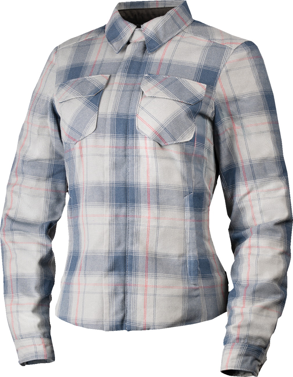Gray ICON Women's Fallblock Flannel Jacket with D3O Viper Back Protector, size large, featuring a stylish flannel design and protective gear.