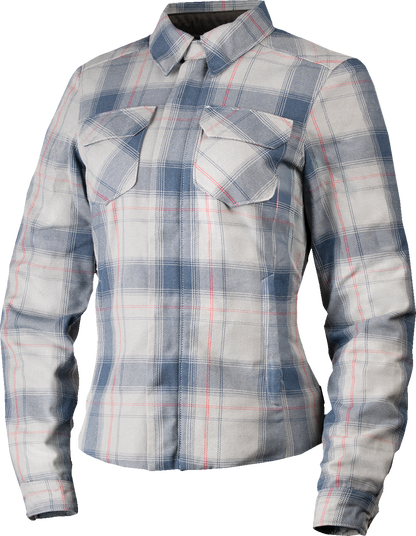 Gray ICON Women's Fallblock Flannel Jacket with D3O Viper Back Protector, size large, featuring a stylish flannel design and protective gear.