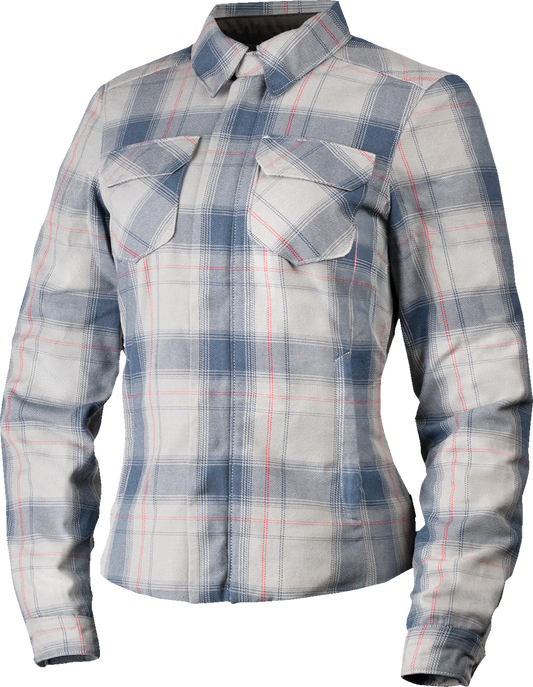 Gray ICON Women's Fallblock Flannel Jacket with D3O Viper Back Protector, size large, featuring a stylish flannel design and protective gear.