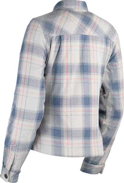 ICON Women's Fallblock Flannel Jacket in gray with D3O Viper back protector, large size, stylish and protective motorcycle gear.