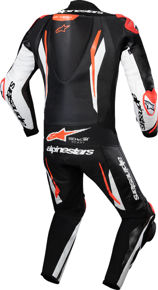 Alpinestars GP Tech v5 1-piece leather motorcycle suit in black, white, and red fluo, US 42 / EU 52, shown on a mannequin.