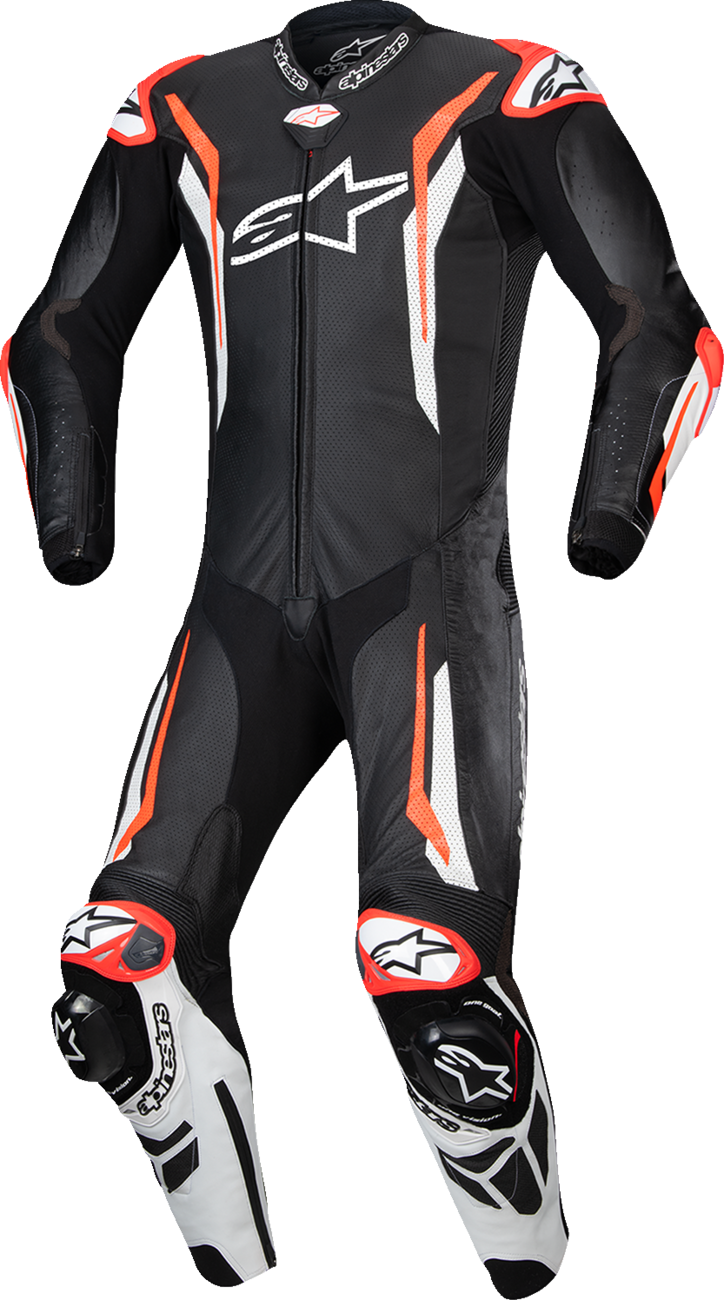 Alpinestars GP Tech v5 1-piece leather motorcycle suit in black, white, and red fluo, size US 46 / EU 56, shown on a mannequin.
