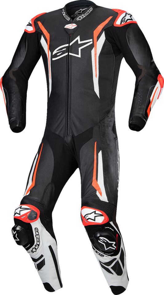 Alpinestars GP Tech v5 1-piece leather motorcycle suit in black, white, and red fluo, size EU 58, displayed on a plain background.