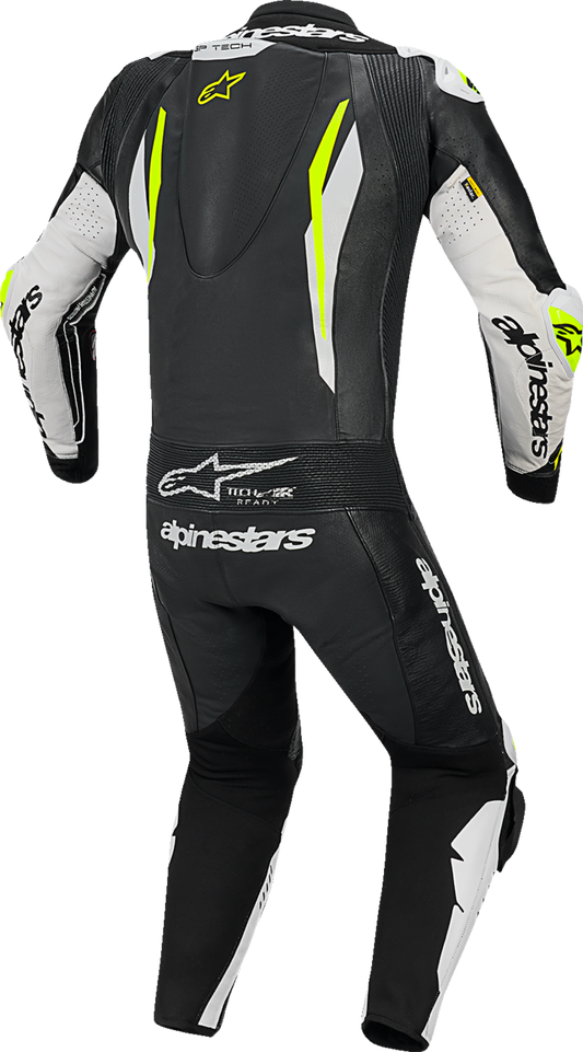 Alpinestars GP Tech v5 1-piece leather motorcycle suit in black, white, and yellow fluo, US 38 / EU 48, shown on a mannequin.