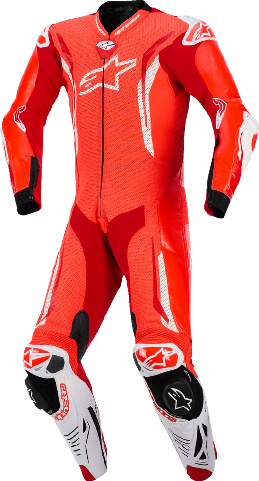 Alpinestars GP Tech v5 1-piece leather suit in bright red, fluo, and white, designed for track performance, size US 38 / EU 48.