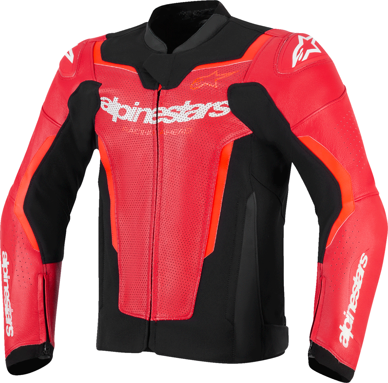 Alpinestars GP Force v2 Airflow Leather Jacket in red and fluo, US 40 / EU 50, showing the sleek motorcycle jacket with ventilation details.