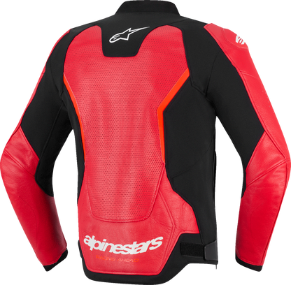 Alpinestars GP Force v2 Airflow Leather Jacket in red and fluo, US 40 / EU 50, featuring racing-inspired design and ventilation details.
