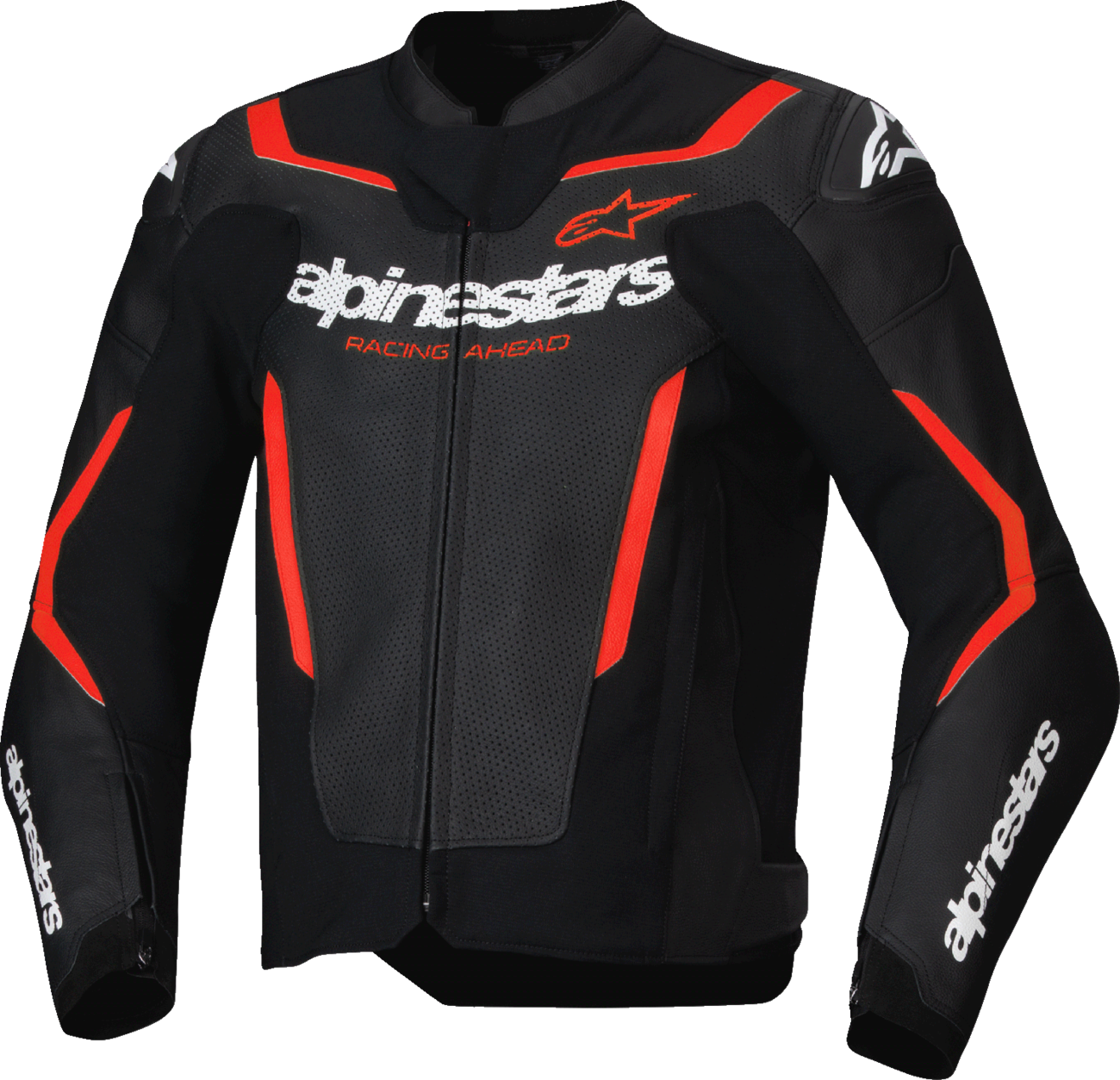 Alpinestars GP Force v2 Airflow leather motorcycle jacket in black and red fluo, US 40 / EU 50, with visible armor and ventilation.