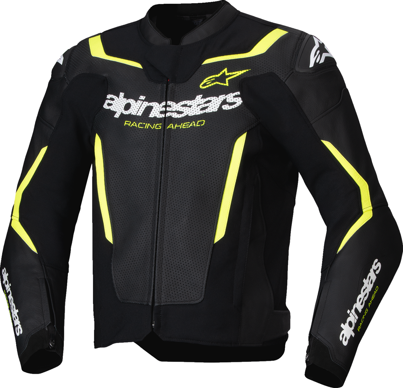 Alpinestars GP Force v2 Airflow leather motorcycle jacket in black and yellow fluo, US 44 / EU 54, with ventilation panels and protective padding.