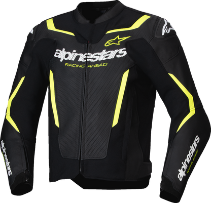 Alpinestars GP Force v2 Airflow leather motorcycle jacket in black and yellow fluo, US 44 / EU 54, with ventilation panels and protective padding.