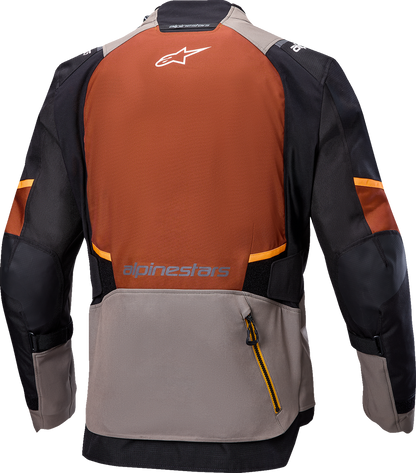 Alpinestars Andes v4 Drystar® motorcycle jacket in walnut, mastic, and black, size large, shown on a mannequin.
