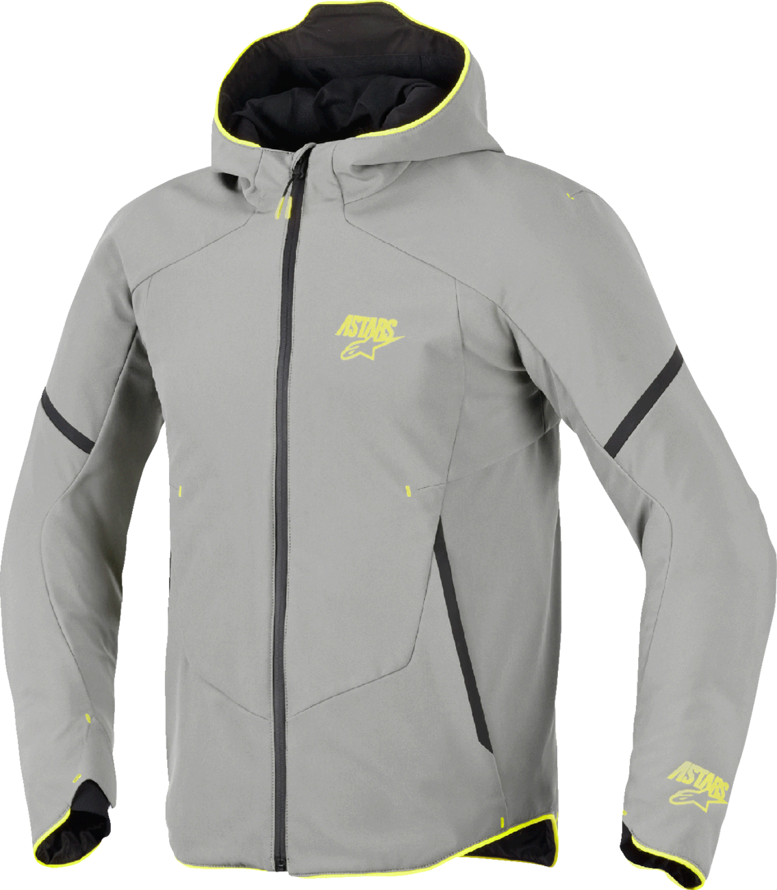 Alpinestars Aeroshell waterproof jacket in mid gray and yellow fluo, size XL, shown with front view and waterproof fabric details.