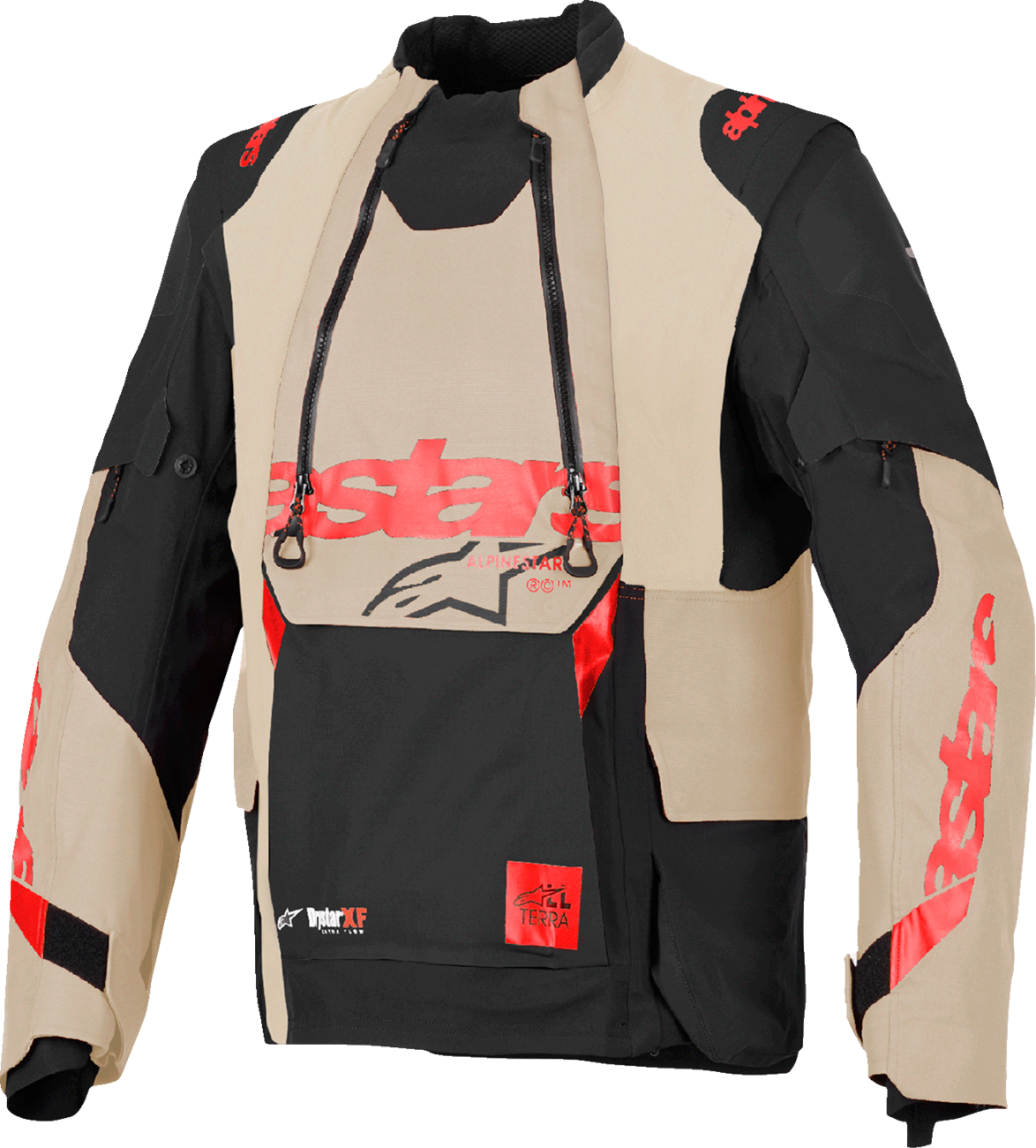 Alpinestars Halo Pro Drystar XF laminated motorcycle jacket in Mastic and Black, size 2XL, with reinforced shoulders and front zipper.