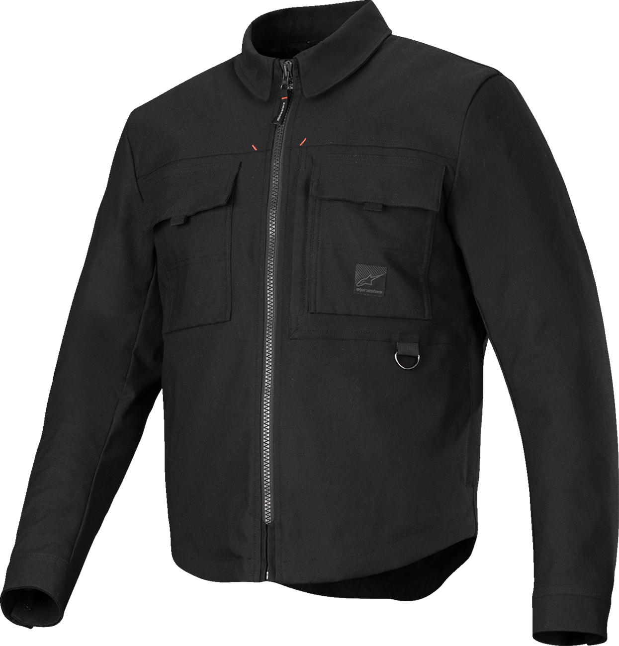 Alpinestars Bryon WR water-resistant overshirt in black, medium size, shown on a hanger with front view and zipper detail.