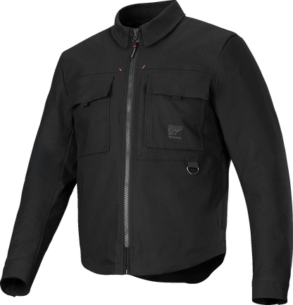 Alpinestars Bryon WR water-resistant overshirt in black, medium size, shown on a hanger with front view and zipper detail.