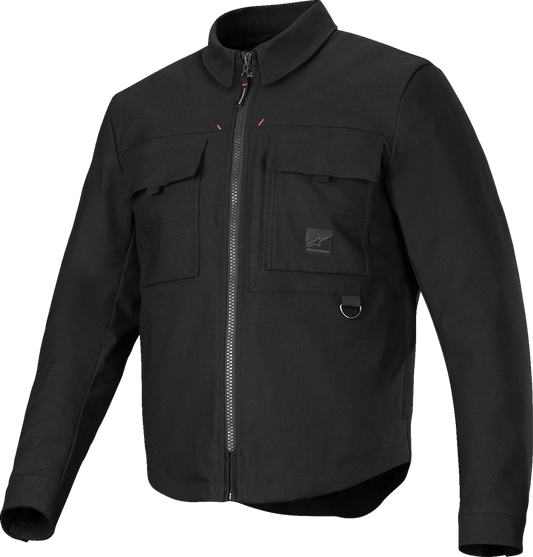 Alpinestars Bryon WR water-resistant overshirt in black, medium size, shown on a hanger with front view and zipper detail.