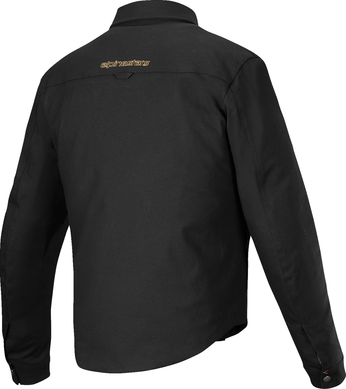 Alpinestars Bryon WR water-resistant overshirt in black, medium size, displayed on a hanger with visible fabric texture and design.