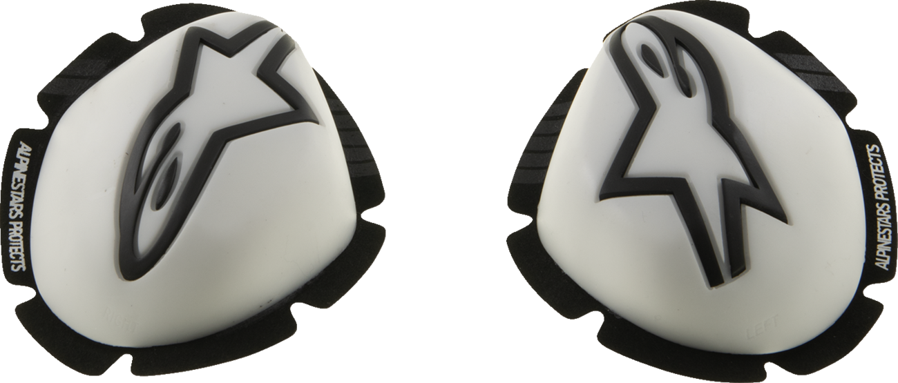 Alpinestars GP Tech Knee Sliders in white and black for motorcycle racing, showing the sleek design and branding.