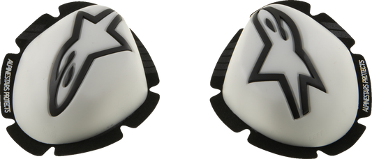 Alpinestars GP Tech Knee Sliders in white and black for motorcycle racing, showing the sleek design and branding.