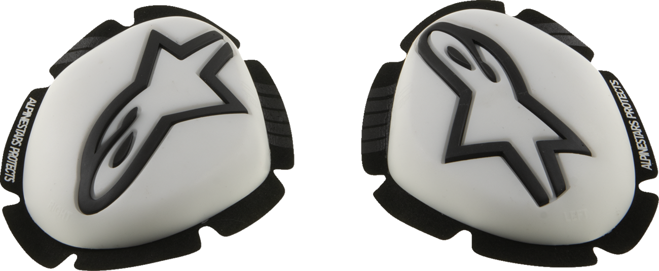 Alpinestars GP Plus Knee Sliders in white and black with protective rubber surface, designed for motorcycle riding.