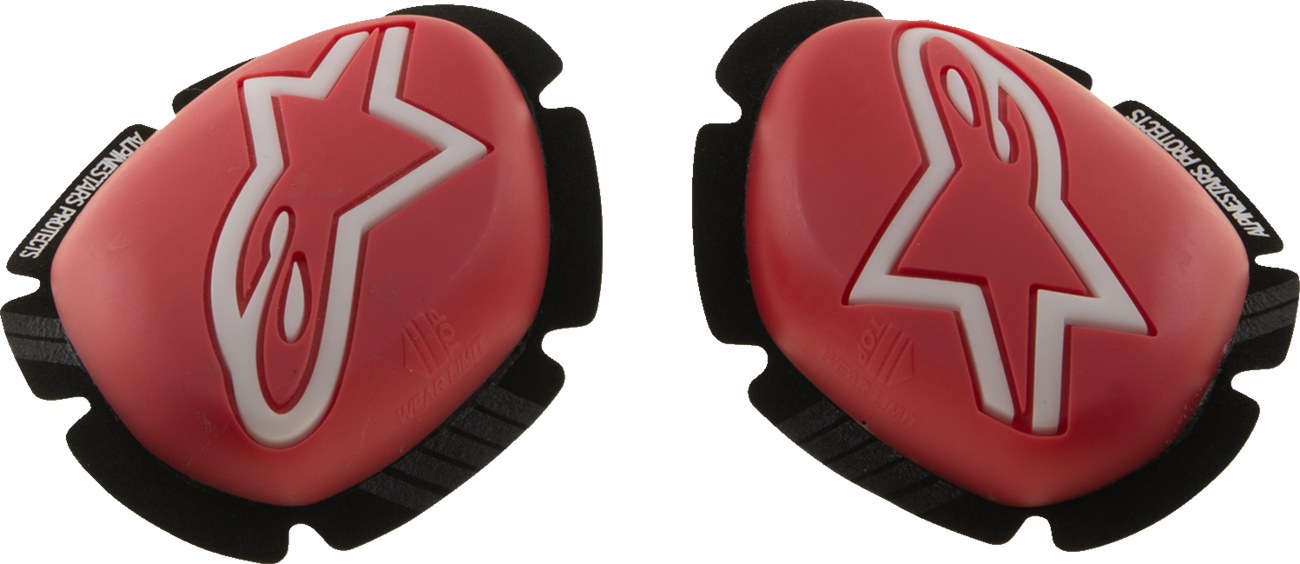 Alpinestars GP Plus knee sliders in red and white, designed for motorcycle racing protection and performance.