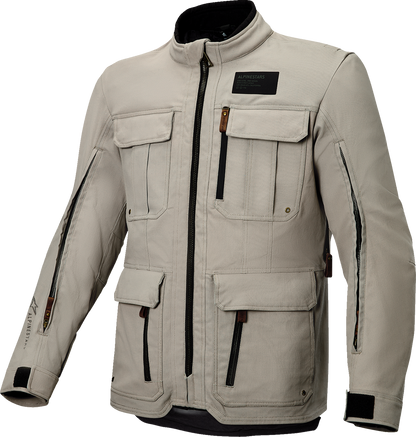 Alpinestars Borrego Drystar waterproof adventure riding jacket in warm gray, large size, featuring protective gear and durable fabric.