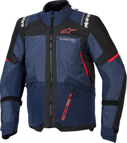 Alpinestars Andes V4 Drystar motorcycle jacket in Night Navy Mood and Indigo Black, large size, with protective features.