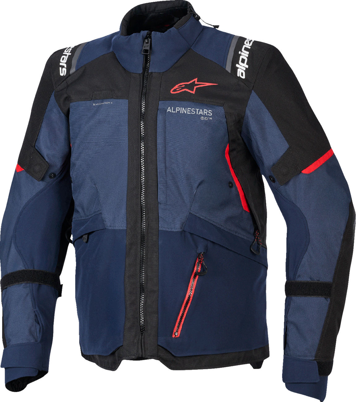 Alpinestars Andes v4 Drystar® motorcycle jacket in 2XL, night navy, mood, and indigo black with protective armor and waterproof fabric.