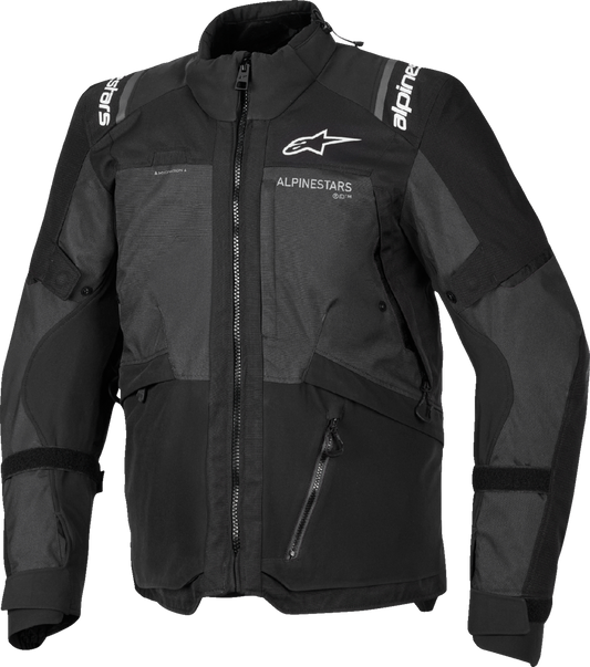 Alpinestars Andes v4 Drystar waterproof motorcycle riding jacket with impact protection for men, shown in black with reflective details.