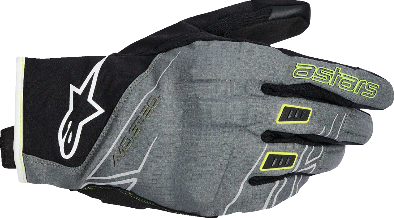 Alpinestars Moblast WP gloves in medium size with fur lining, gray, black, and yellow details, designed for motorcycle riding.