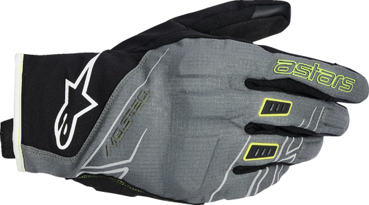 Alpinestars Moblast WP gloves in fur gray, black, and sulfur yellow, large size, showing textured leather and rugged design.